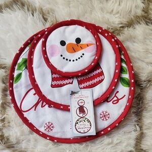 Festive Snowman Christmas Potholder & Trivet Set Of 3